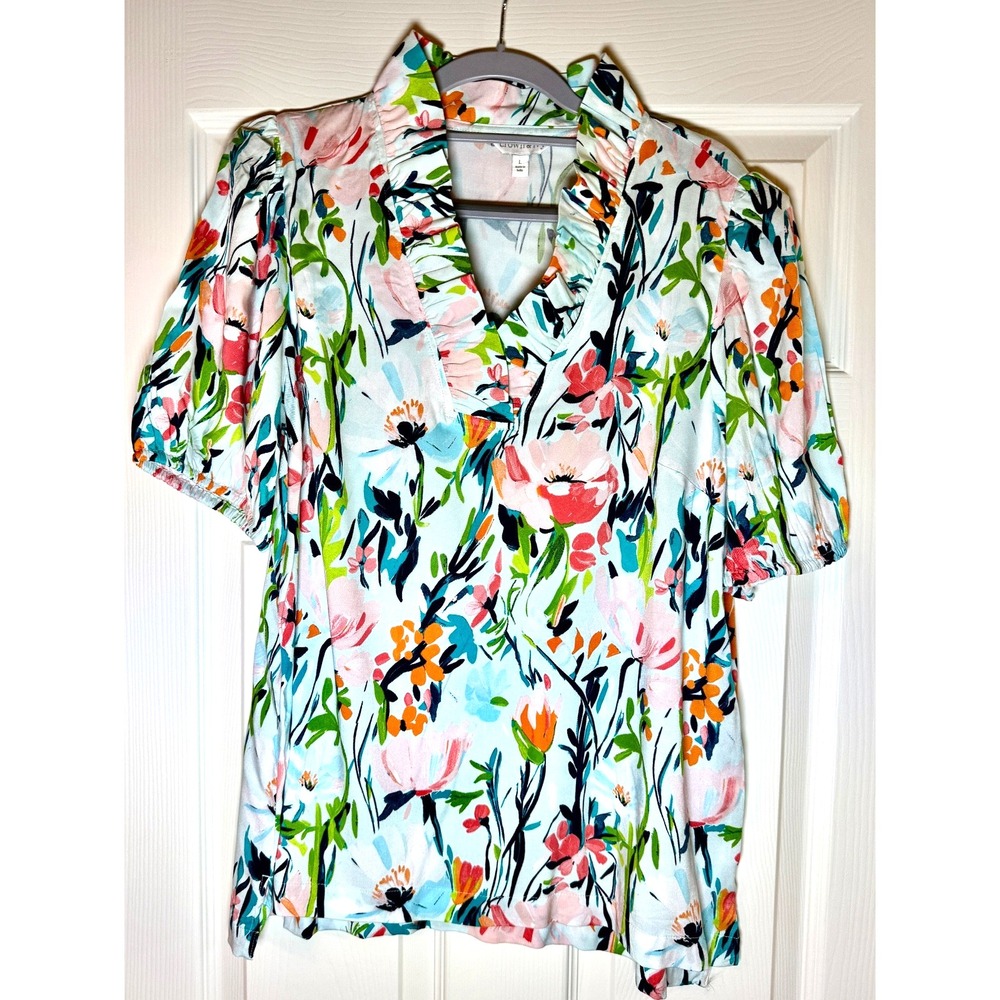 Crown & Ivy Ruffle Neck Puff Sleeve Blouse L Multicolor Floral Preppy Bloomcore